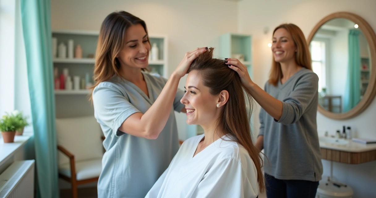 Profissional atendendo cliente em salão pequeno, oferecendo escova expressa. 