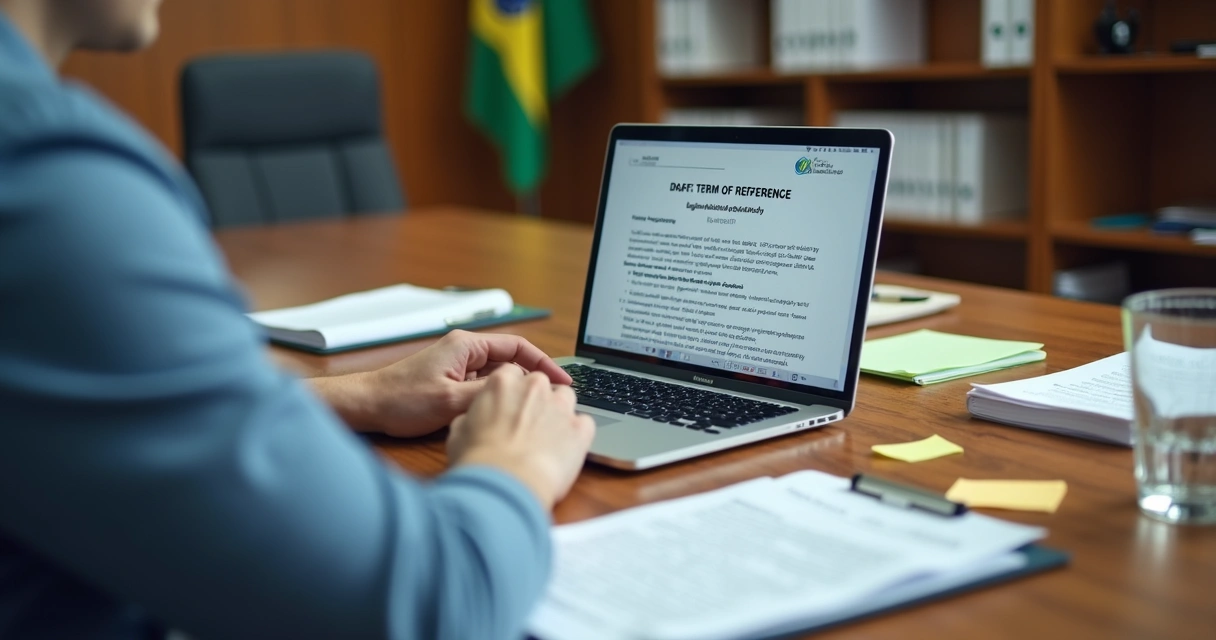Servidor analisando minuta de termo de referência em notebook com documentos sobre a mesa