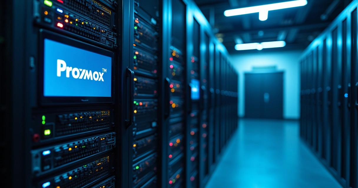 Rack de servidores executando um appliance de Proxmox 