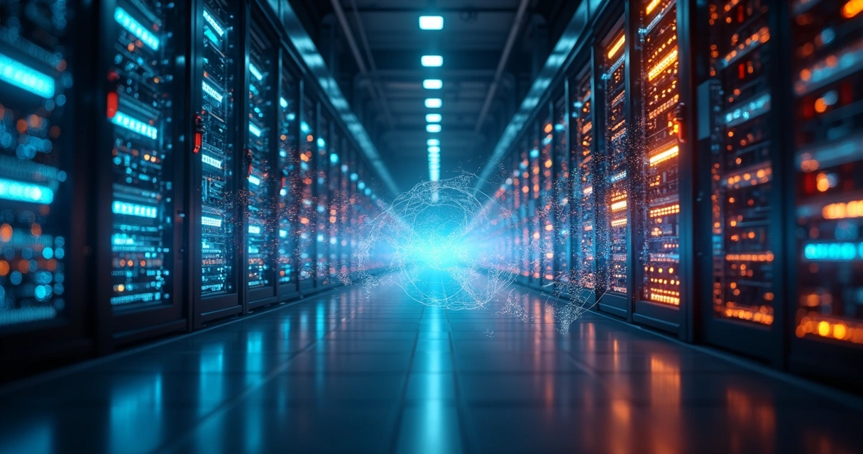 Sala de servidores modernos com fluxos digitais destacando riscos ocultos na automação 