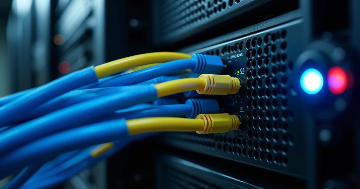 Servidor de backup, cabos de rede organizados e luzes piscando em um rack de TI. 