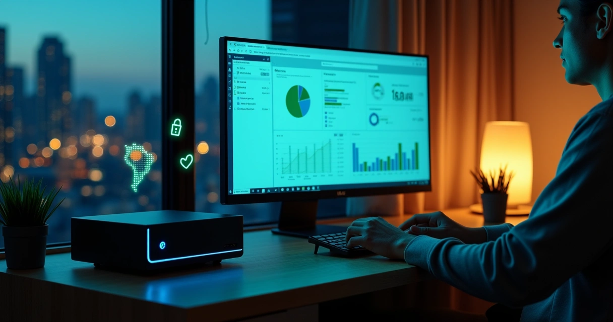 Pessoa configurando servidor caseiro com painel de contabilidade na tela 