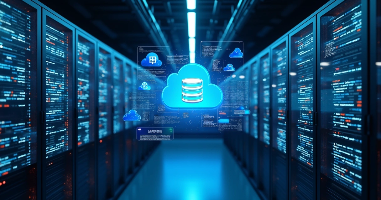 Servidor cloud exibindo gráficos de banco de dados e várias telas de gerenciamento 