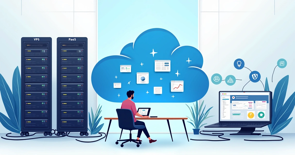 Diferença visual entre servidor VPS, Cloud e PaaS em servidores conectados 