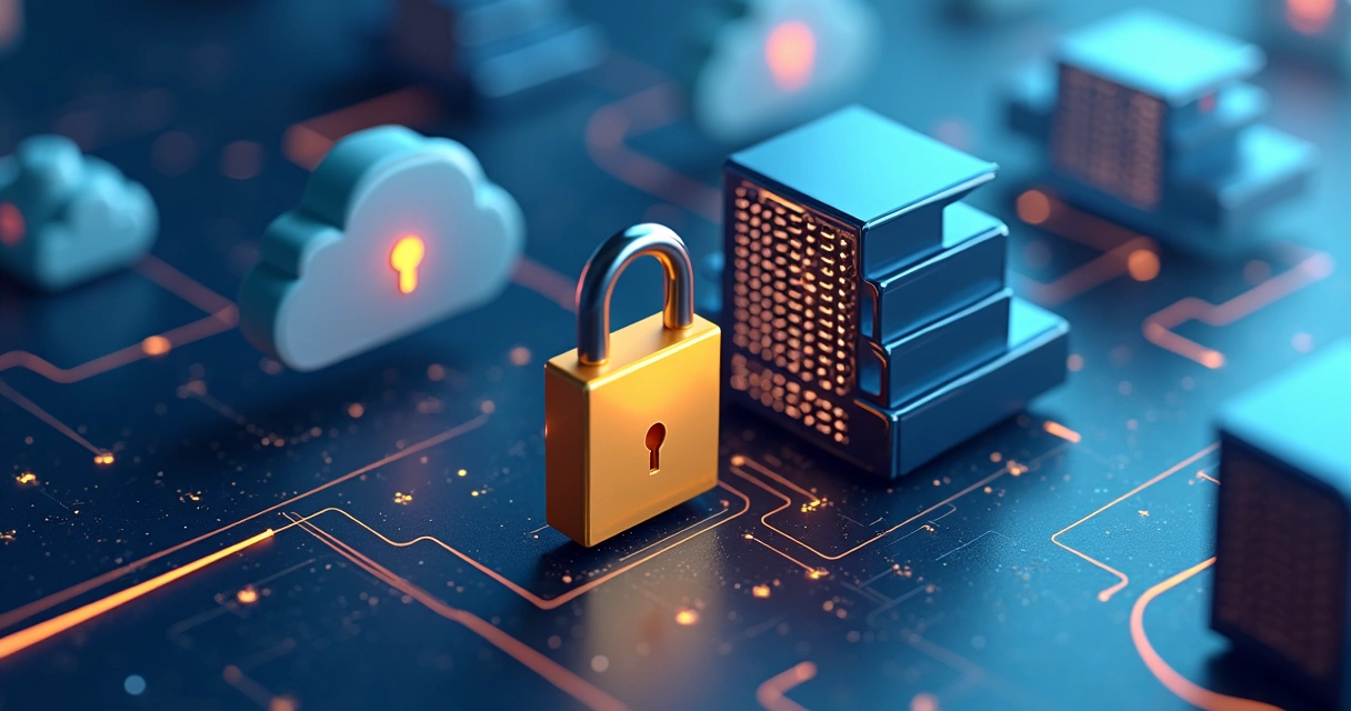 Ilustração de servidores em nuvem com cadeado dourado representando segurança cloud 