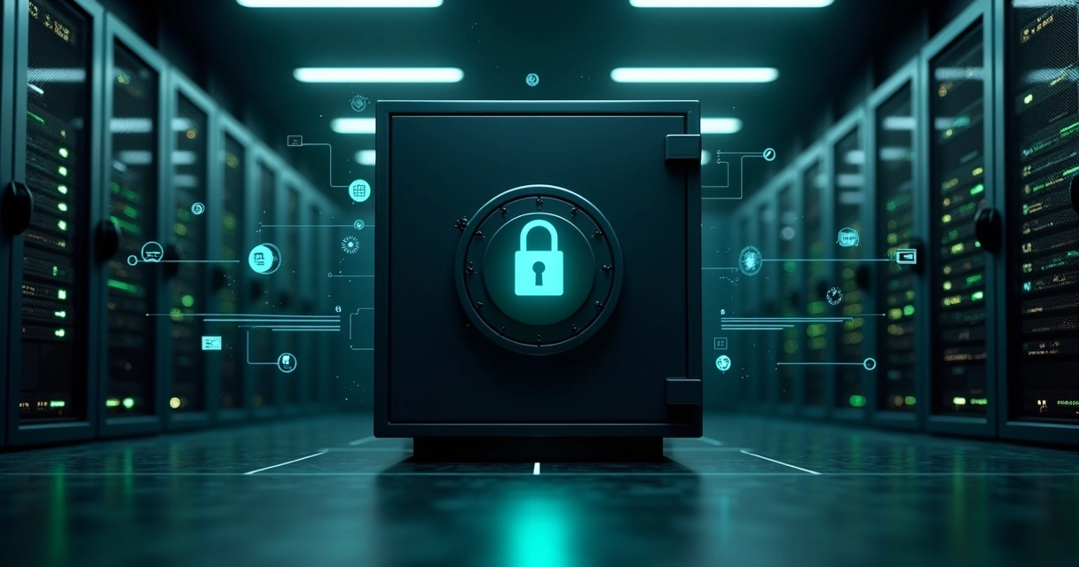 Servidor em formato de cofre protegido cercado por fluxos de dados financeiros 