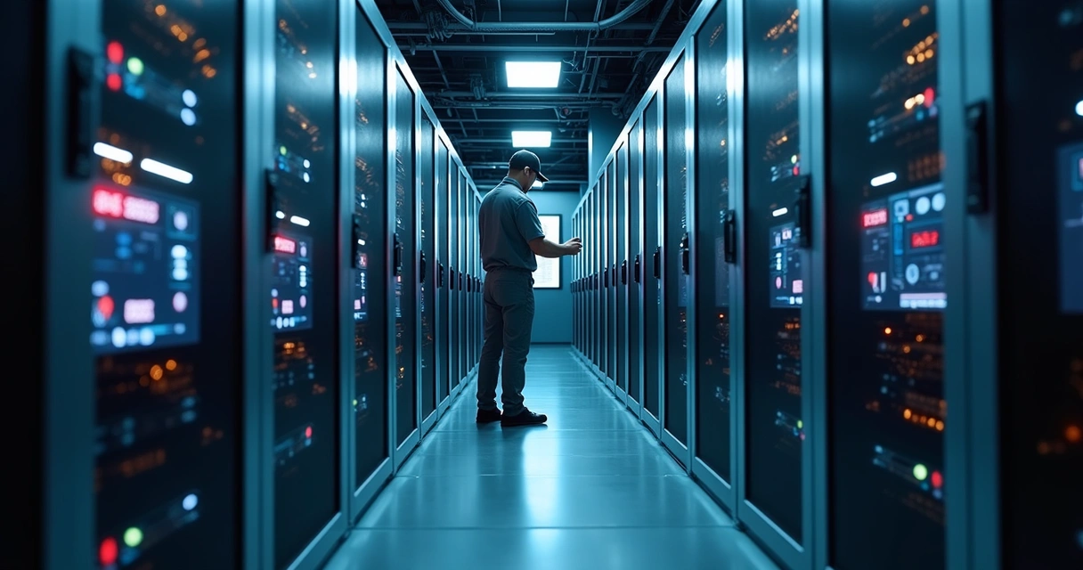 Servidor com vários discos de backup corporativo e luzes piscando 