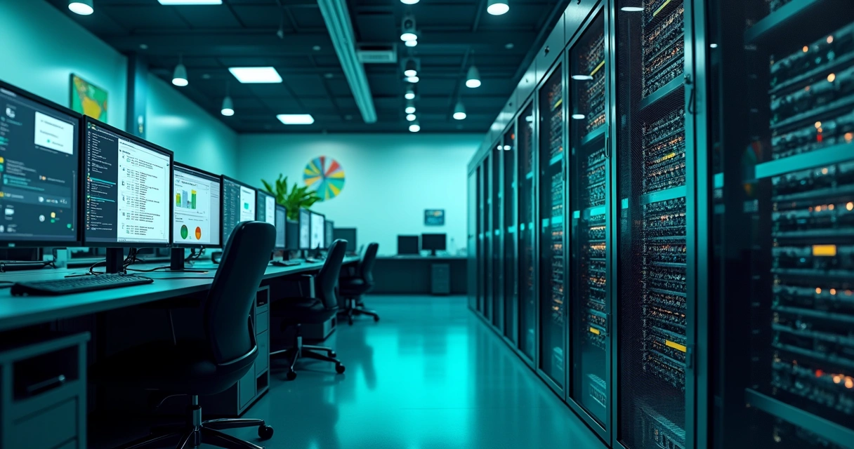 Servidor corporativo com biblioteca de fitas e telas mostrando status de backup 