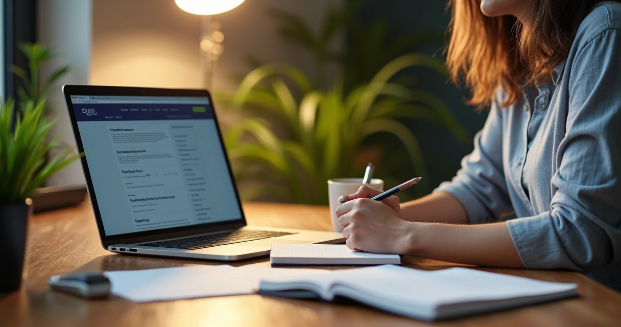 Servidor público estudando em laptop e anotando em caderno 