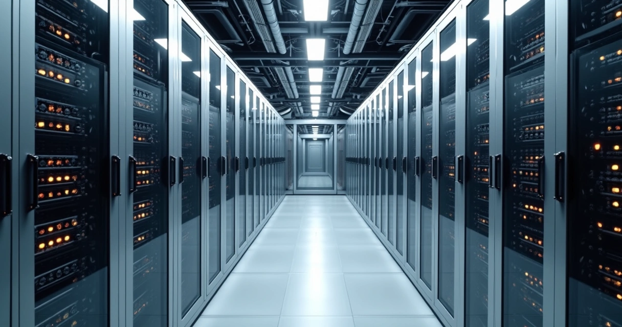 Rack de servidores com luzes acesas em data center