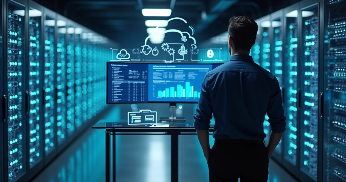 Profissional analisando painel de servidor dedicado em nuvem para aplicações SaaS 