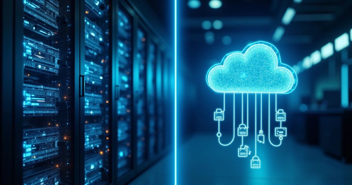 Servidor físico de backup ao lado de símbolo de nuvem 