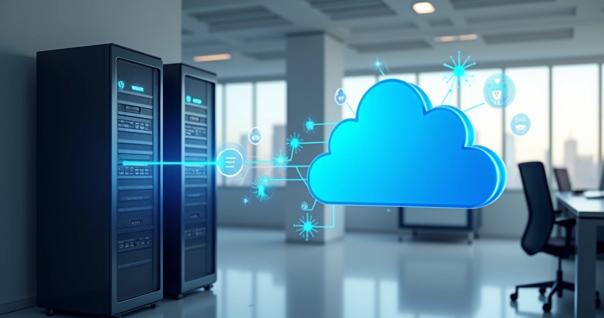 Servidor ao lado de nuvem digital representando armazenamento de backups distintos 