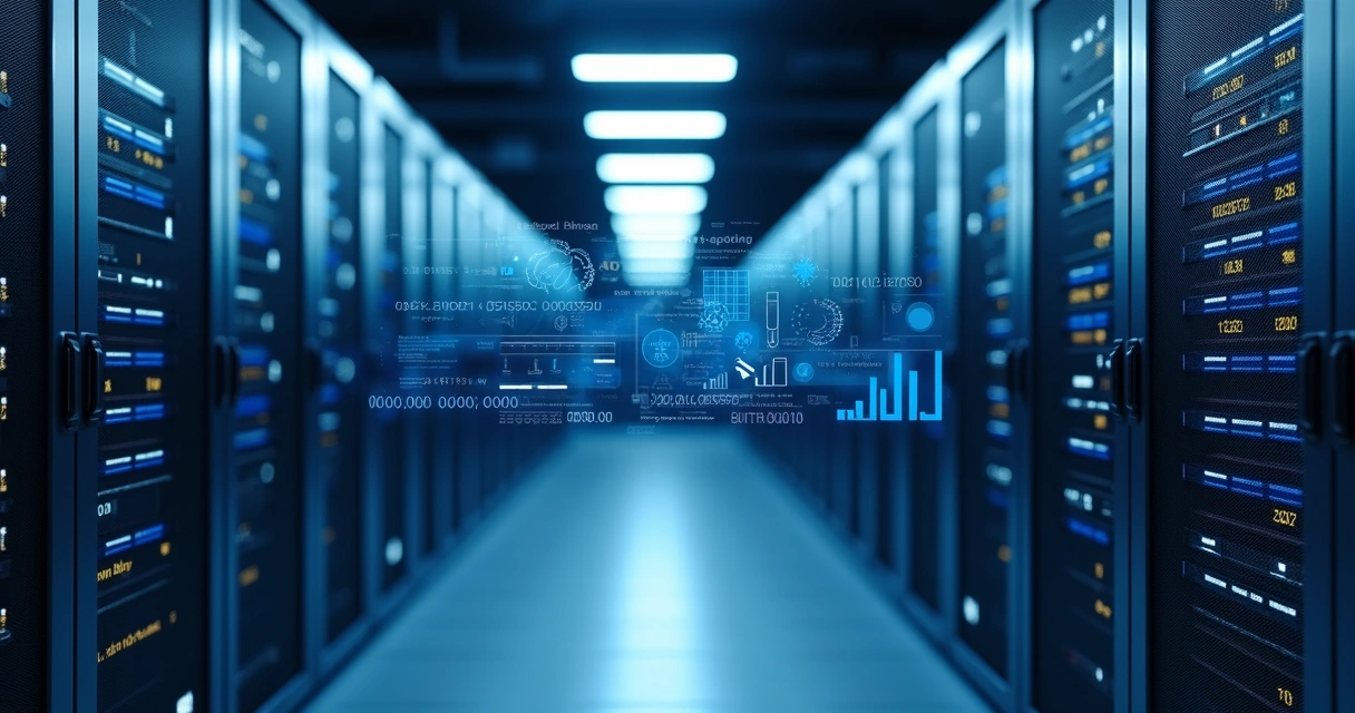 Rack de servidores com led azul e detalhes digitais