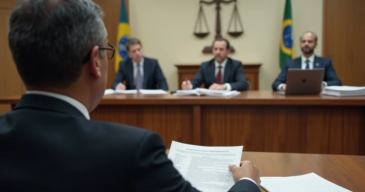 Servidor público sentado em audiência disciplinar diante de comissão julgadora e advogado 