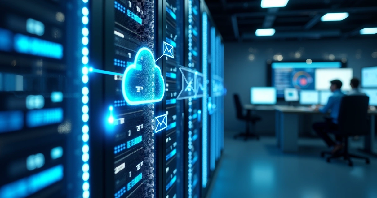Servidor de e-mail em ambiente corporativo com conexões digitais representando migração segura de dados 