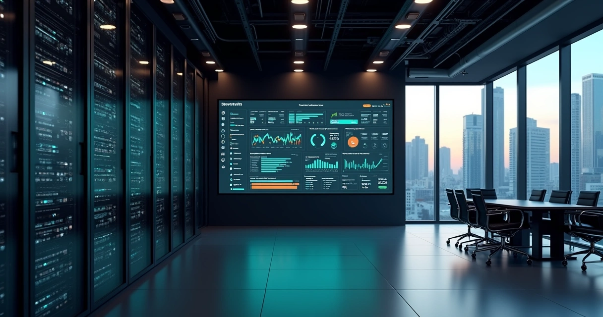 Datacenter moderno com painel financeiro auto-hospedado em grande parede de monitores 