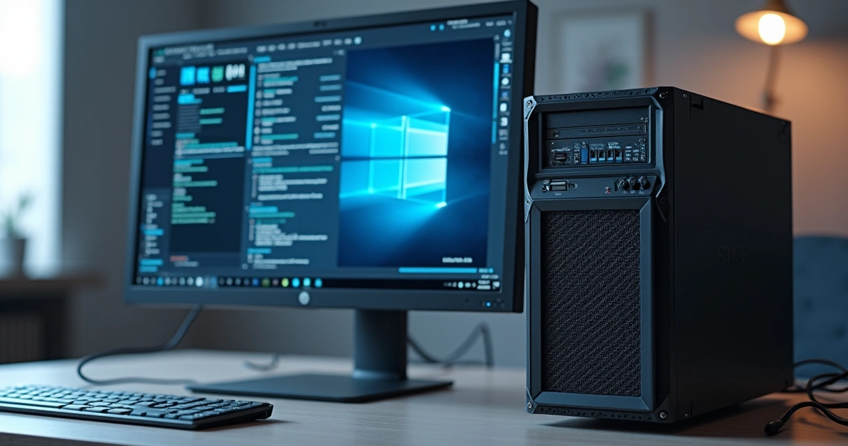 Servidor físico ao lado de tela exibindo máquina virtual em ambiente corporativo 