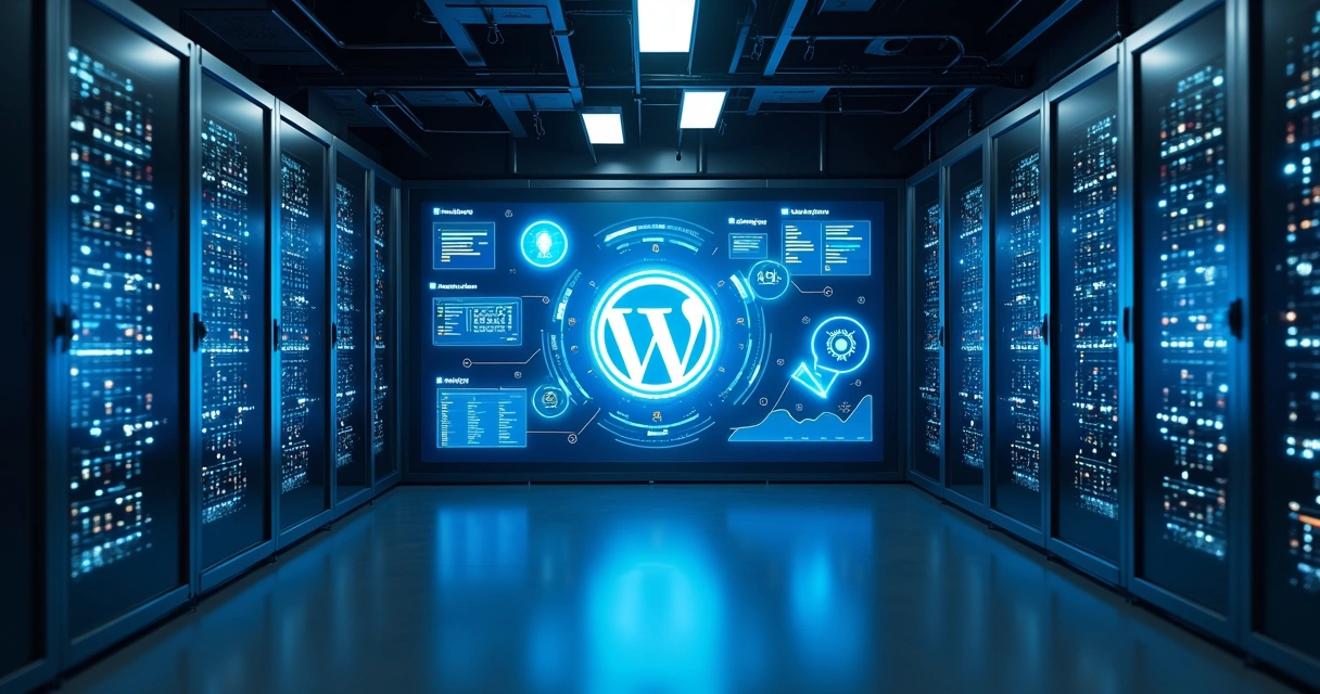 Servidor moderno com painel de gerenciamento WordPress em tela widescreen. 