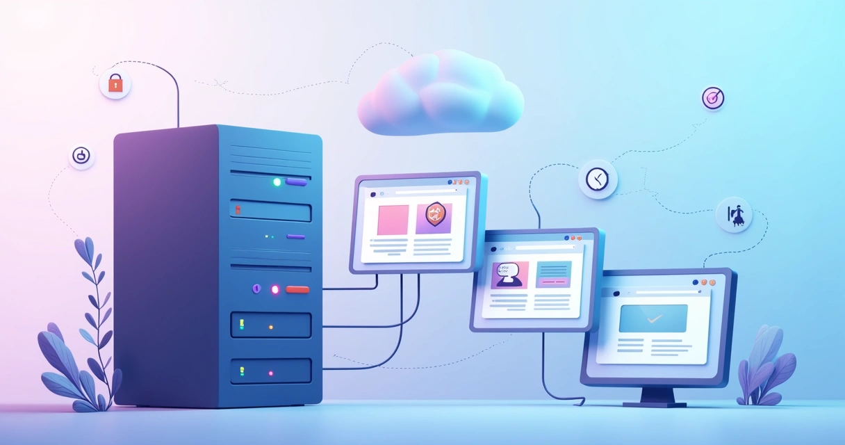 Ilustração de servidor de hospedagem ligado a vários sites na nuvem 