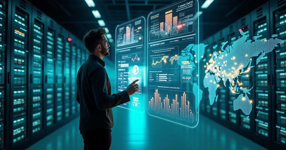 Sala de servidores com dados de imóveis e leads projetados em telas digitais 