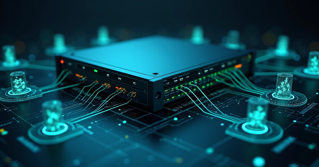 Servidor moderno conectando modelos de linguagem a sistemas corporativos com fluxos de dados interligados em fundo escuro 