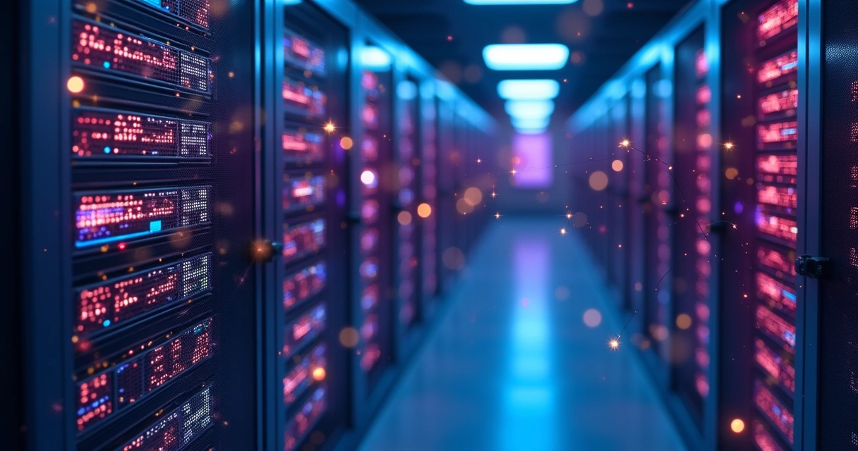 Equipamentos de servidor em rack com luzes coloridas simbolizando processamento de IA