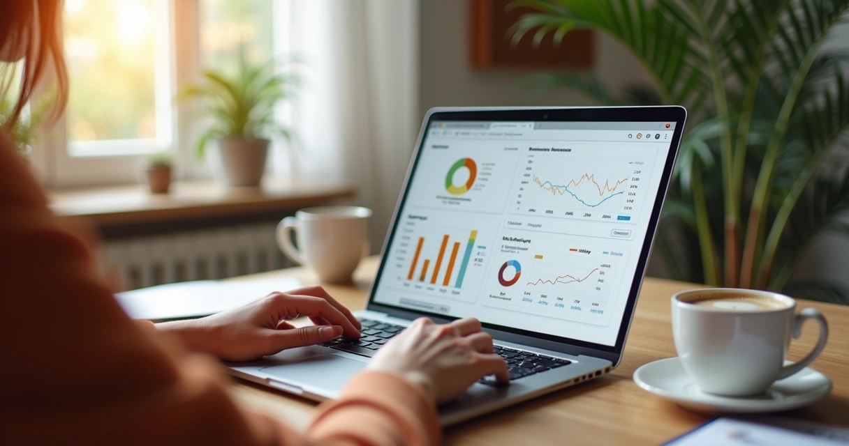 Pessoa usando notebook com tela exibindo dados financeiros, sentado à mesa com planta e caneca ao lado
