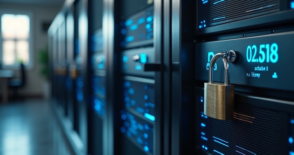 Servidor local protegido com cadeados, armazenando dados financeiros criptografados