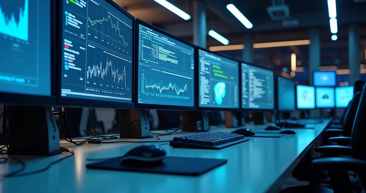 Painel de monitoramento de servidor e desempenho de site em telas corporativas 