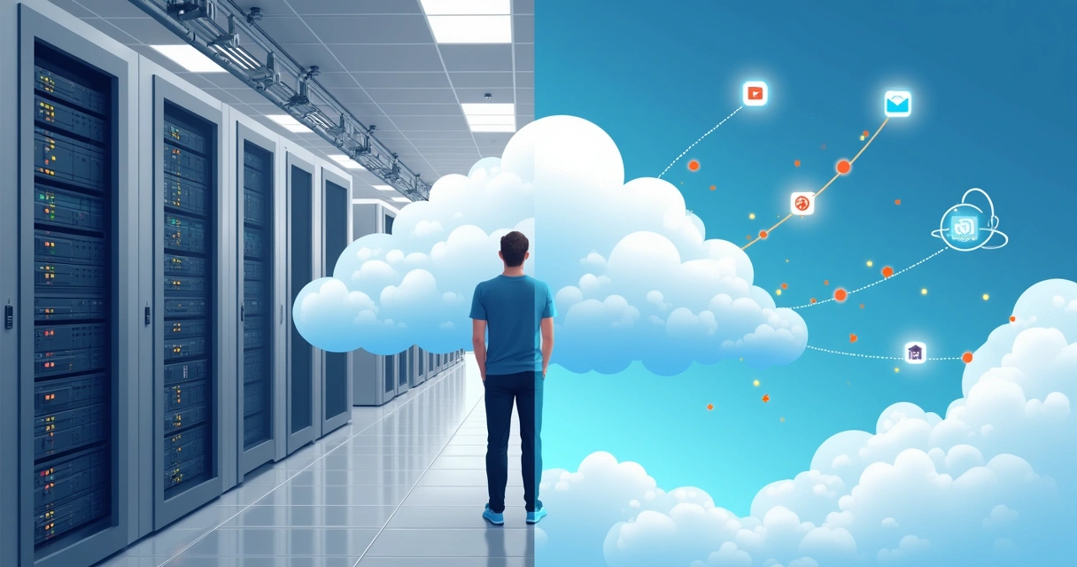 Comparação visual entre data center tradicional e nuvem digital com ícones de apps 