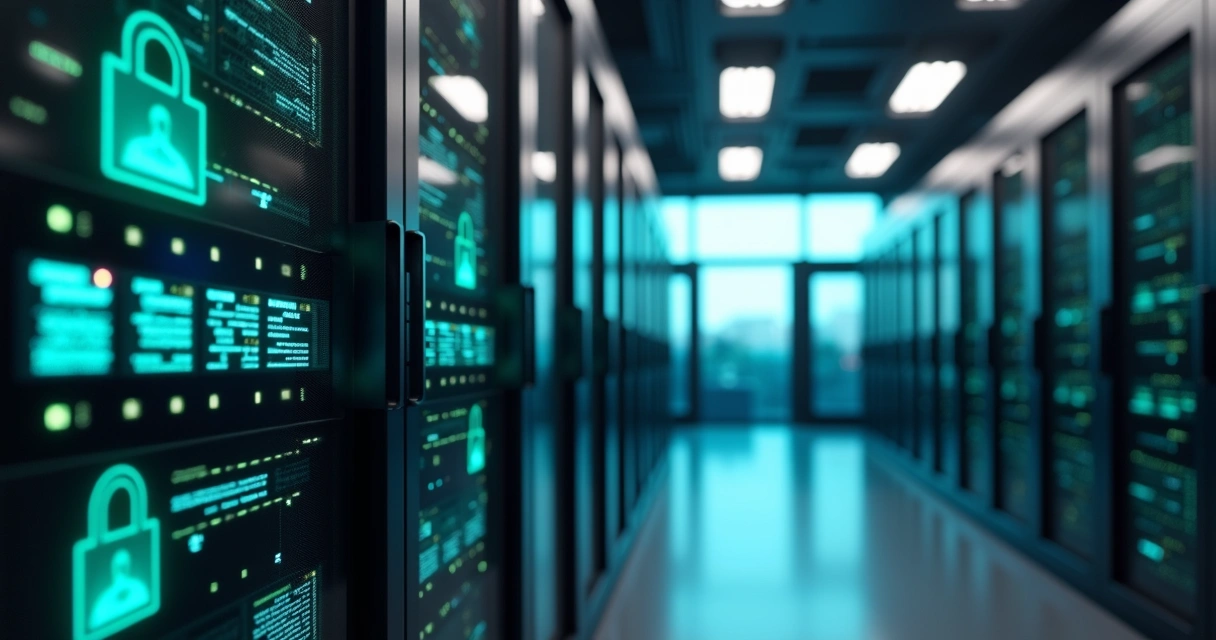 Servidores de dados empresariais com ícones de cadeados representando segurança; luzes suaves; ambiente tecnológico moderno. 