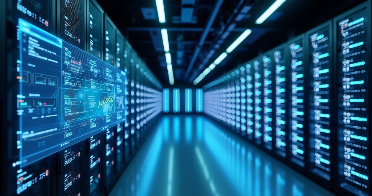 Sala de servidores em nuvem pública com luzes azuis e racks alinhados 