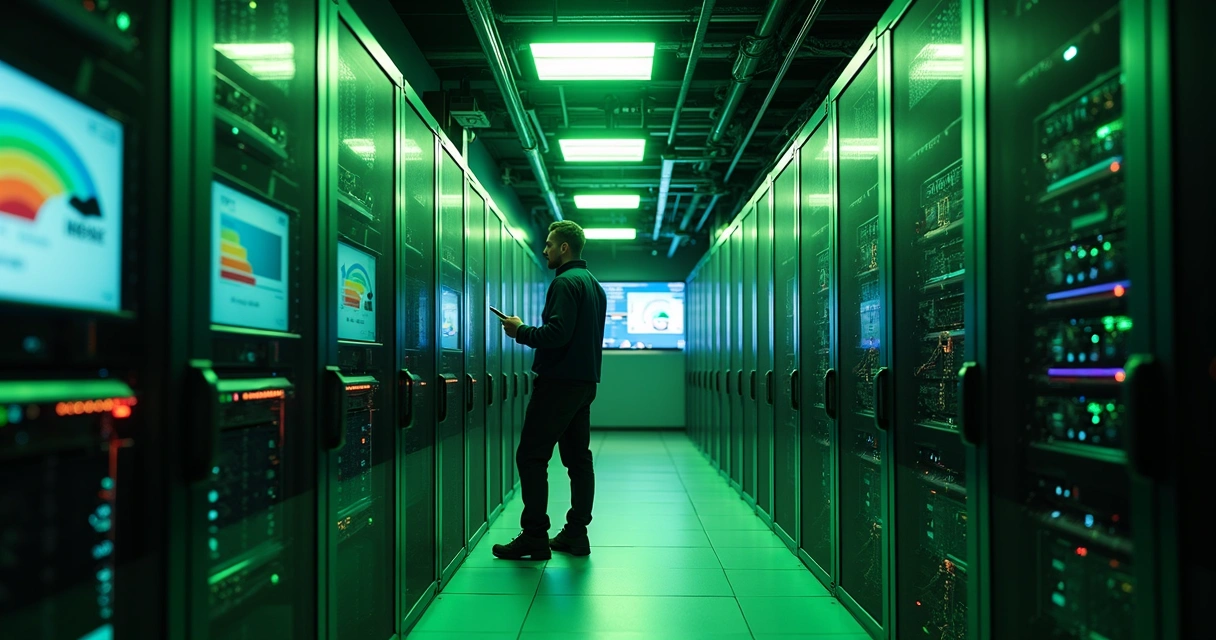 Equipamentos de servidor em rack iluminados por luz verde 
