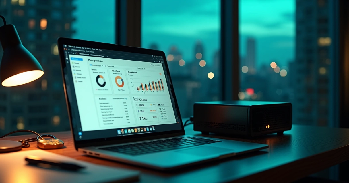 Painel de software financeiro aberto em notebook ao lado de servidor doméstico 