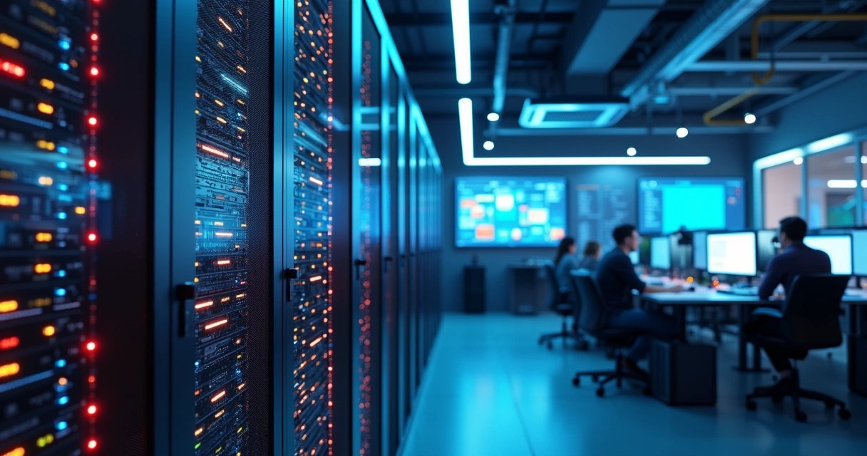 Servidor moderno em data center com tela exibindo banco de dados PostgreSQL e gráficos de desempenho 