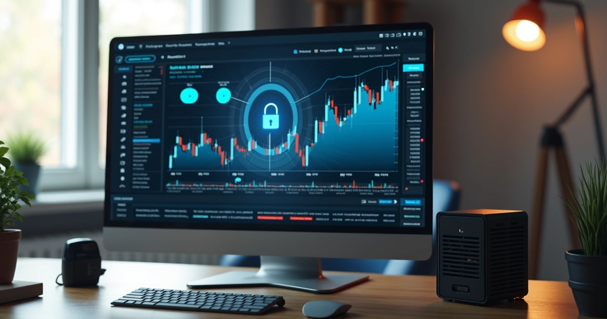 Servidor doméstico com gráficos de finanças exibidos em tela ultrawide 