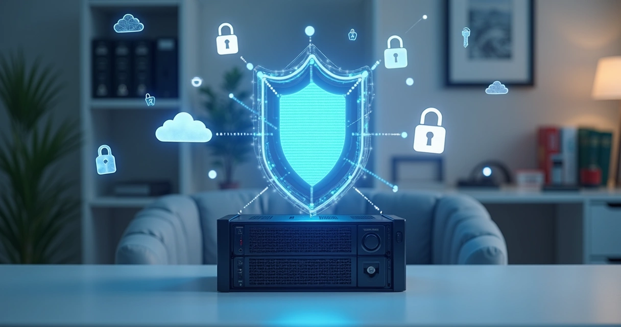 Servidor em nuvem pessoal com símbolos de criptografia e cadeados digitais