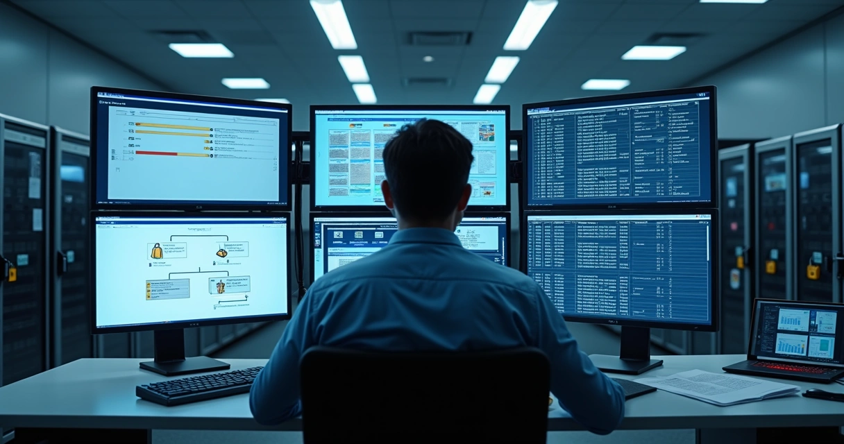 Servidor de TI em ambiente público gerenciando backup em tela 