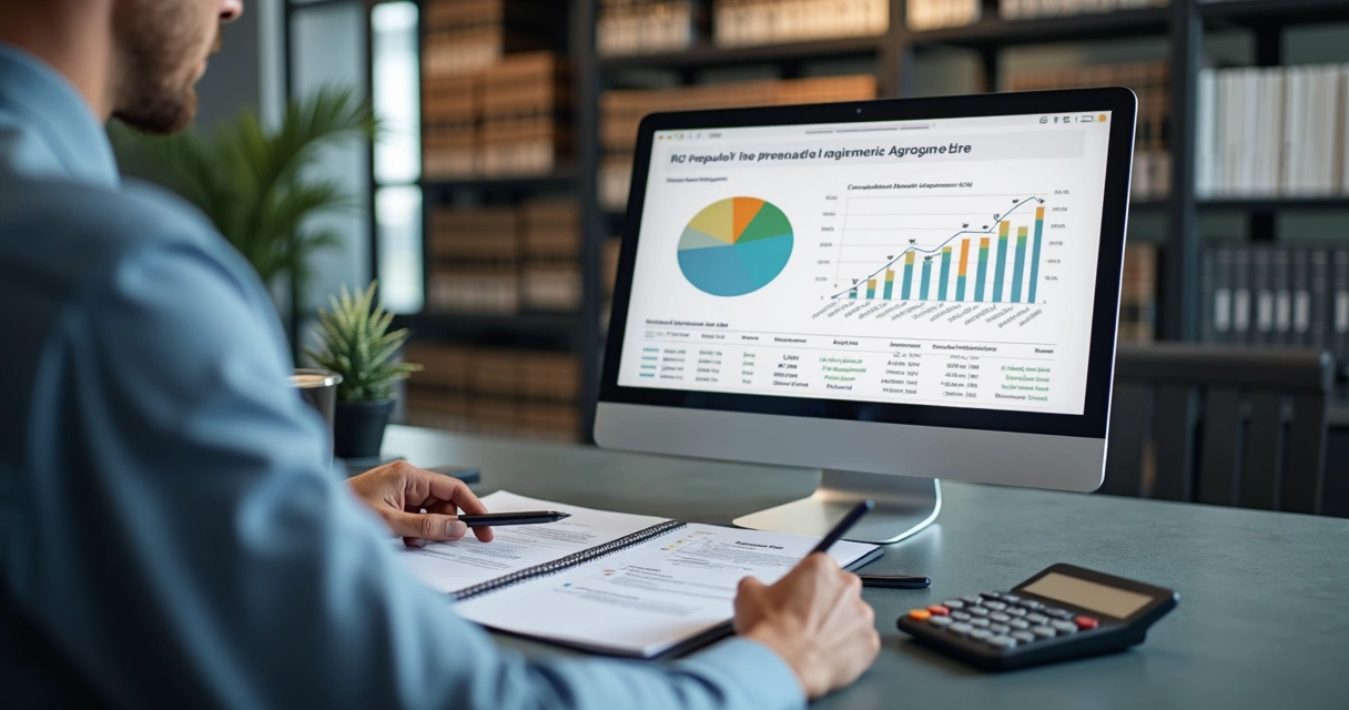 Servidor público analisando acordos de precatórios em computador com gráficos e documentos ao redor 