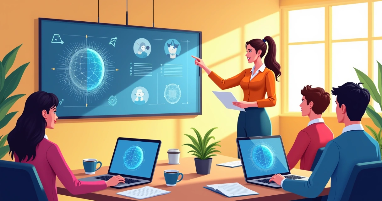 Sala de treinamentos com servidores aprendendo sobre tecnologia 