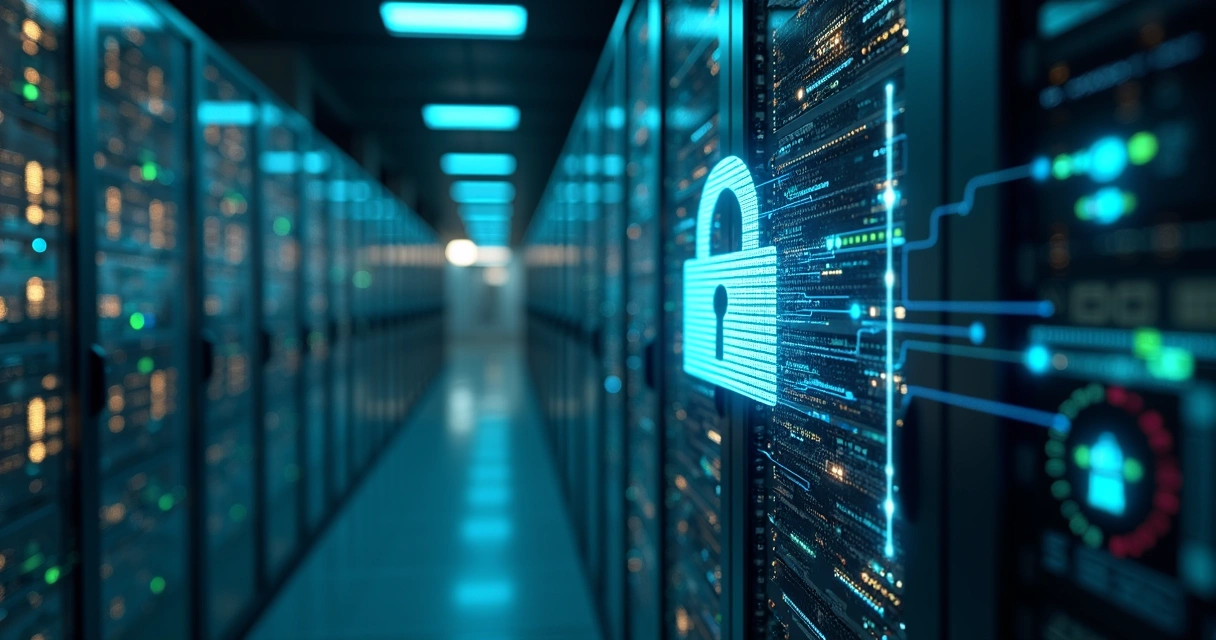 Servidor seguro com cadeado digital e dados criptografados 