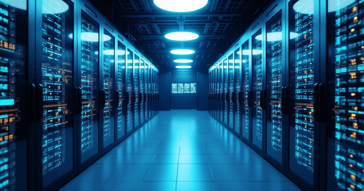 Sala de servidores modernos com luz azul e painéis digitais 