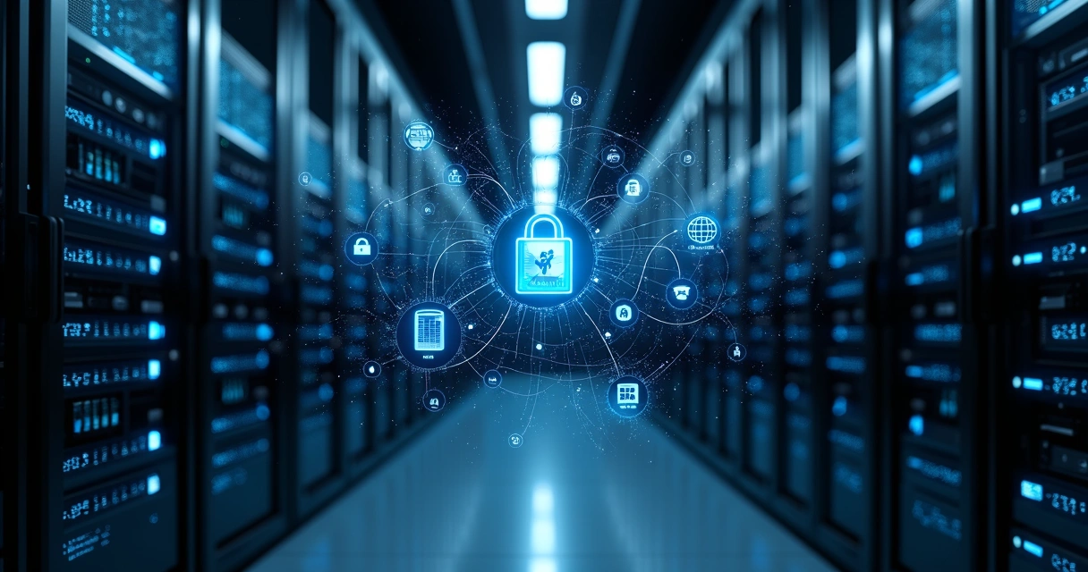 Sala de servidores com painel digital apresentando IA privada 