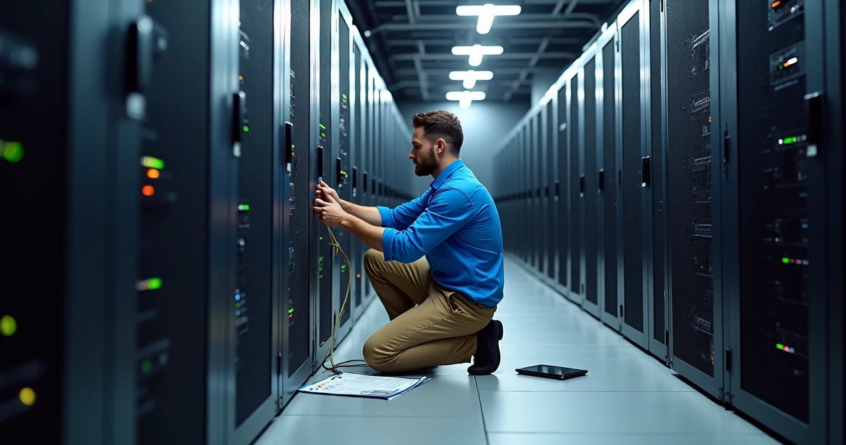 Técnico de TI trabalhando em servidor, realizando manutenção preventiva