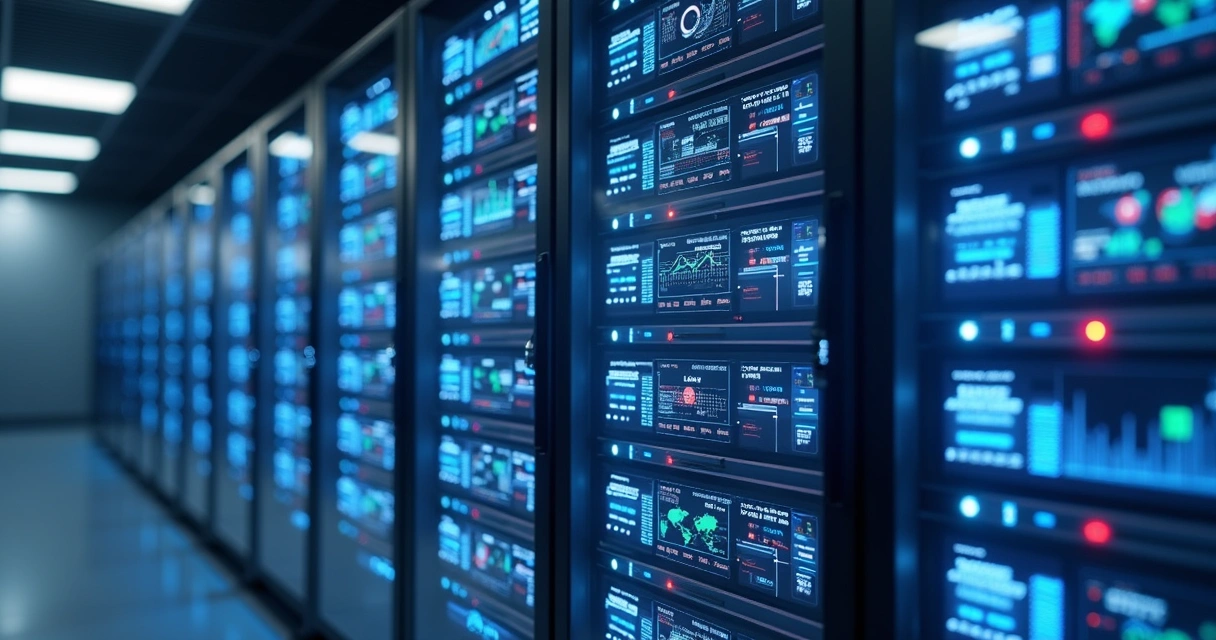 Ilustração de servidores virtuais com painéis de controle. 