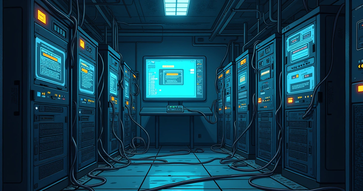 Servidores antigos e pilhas de mensagens digitais 