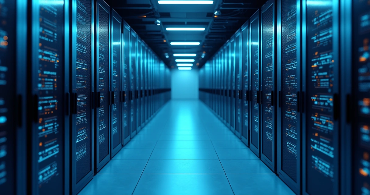 Sala de servidores modernos com luzes azuis e cabos organizados. 