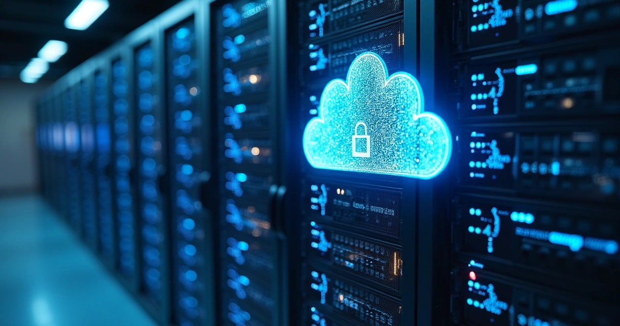 Servidores de backup conectados à nuvem com luzes azuis modernos 