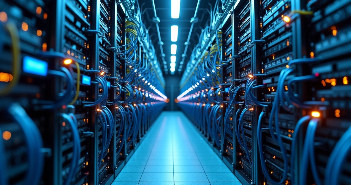 Servidores com muitos cabos coloridos conectados, representando bases de dados conectadas em nuvem 